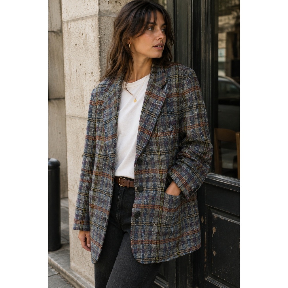 Vintage Missoni Uomo Italy Wool Plaid Tweed Blazer Sport Coat Blue Gray 90s